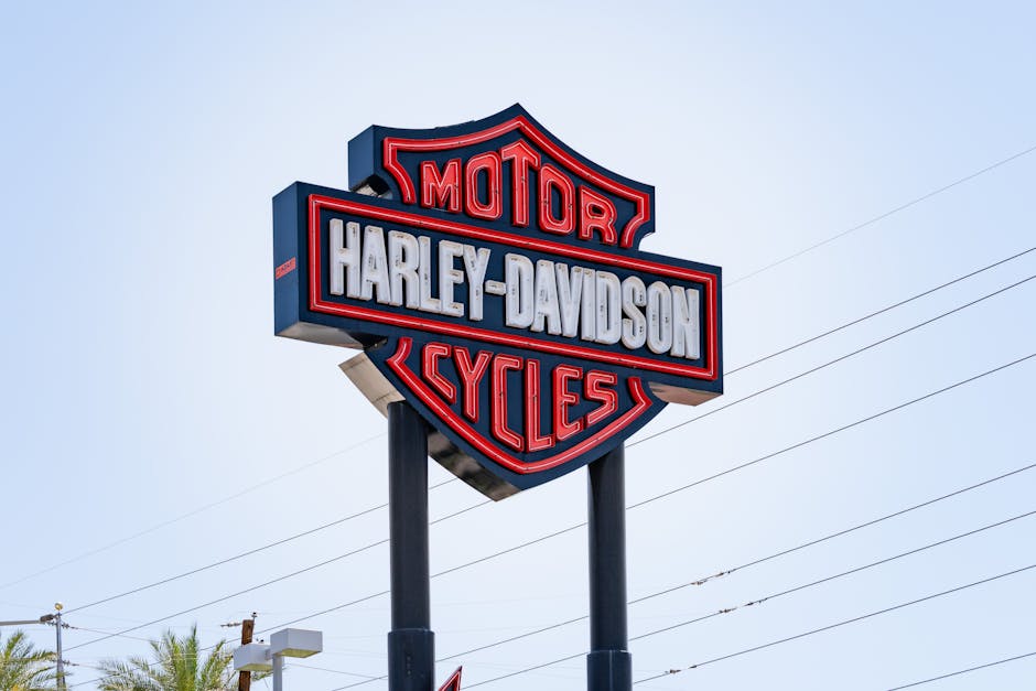 A Harley-Davidson sign against a bright blue sky in Las Vegas, Nevada.