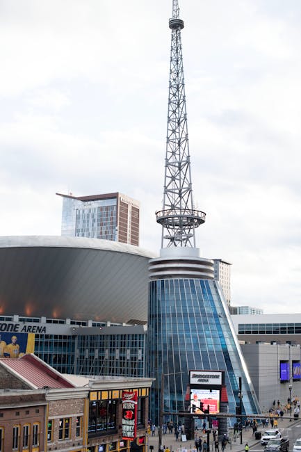 View of Nashville's iconic Bridgestone Arena and downtown cityscape, Tennessee.