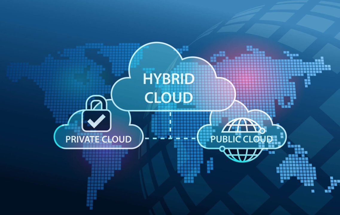 Hybrid computing concept showing cloud, on-premises, and edge computing interconnected