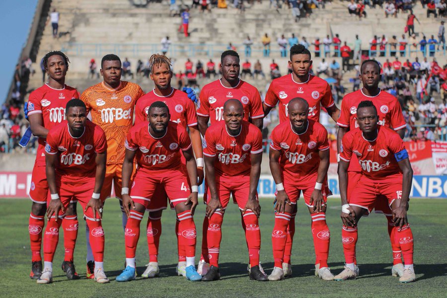 Simba SC players celebrating during an NBC Premier League match.